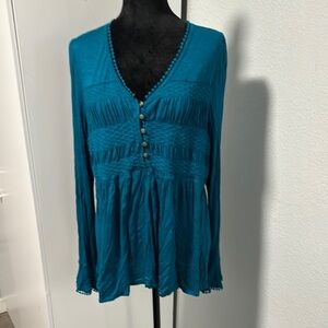 Blue Long Sleeve Smocked Blouse